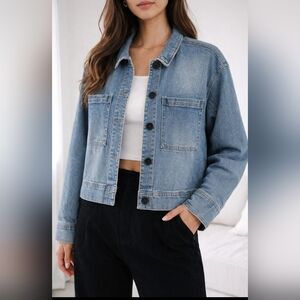 CORE Life Classic Streetwear, Medium Wash Frayed Denim Jean Jacket - S. Large